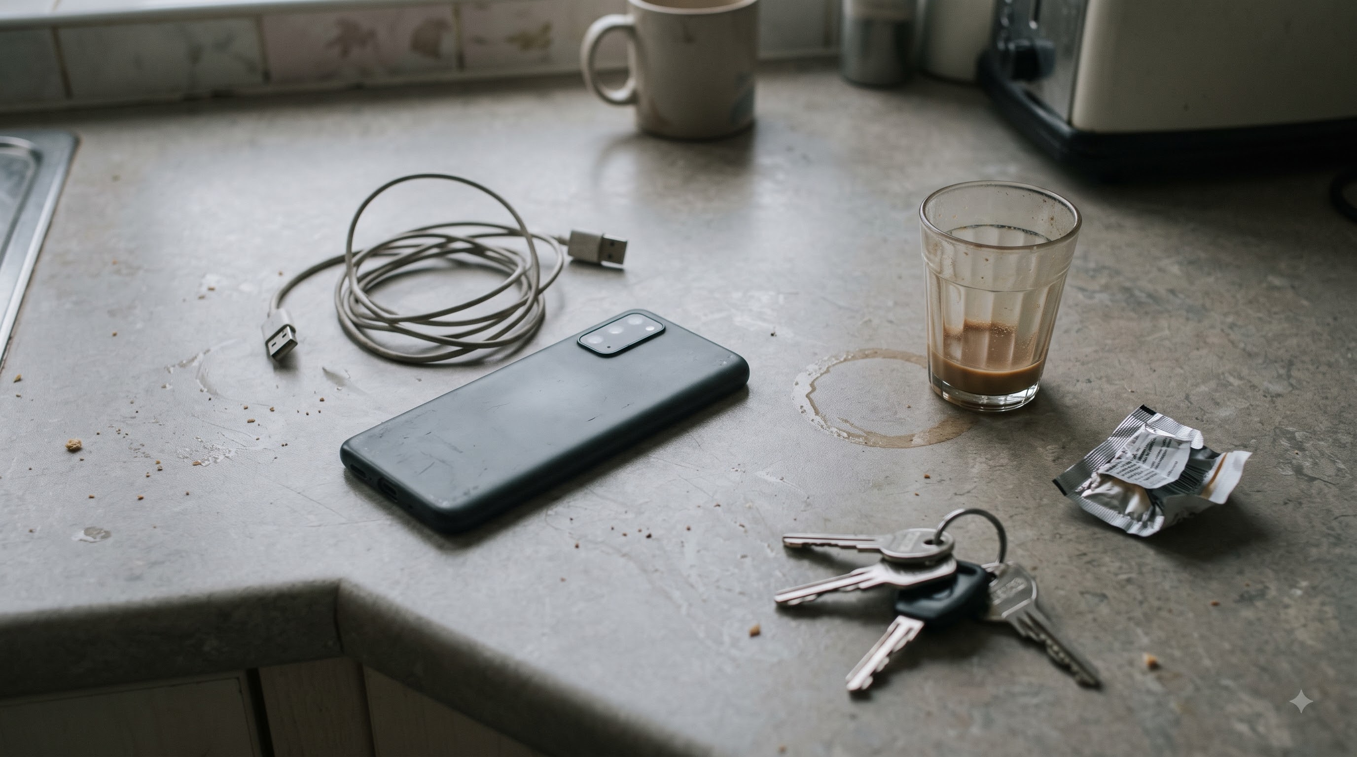 A phone face-down on a cluttered counter